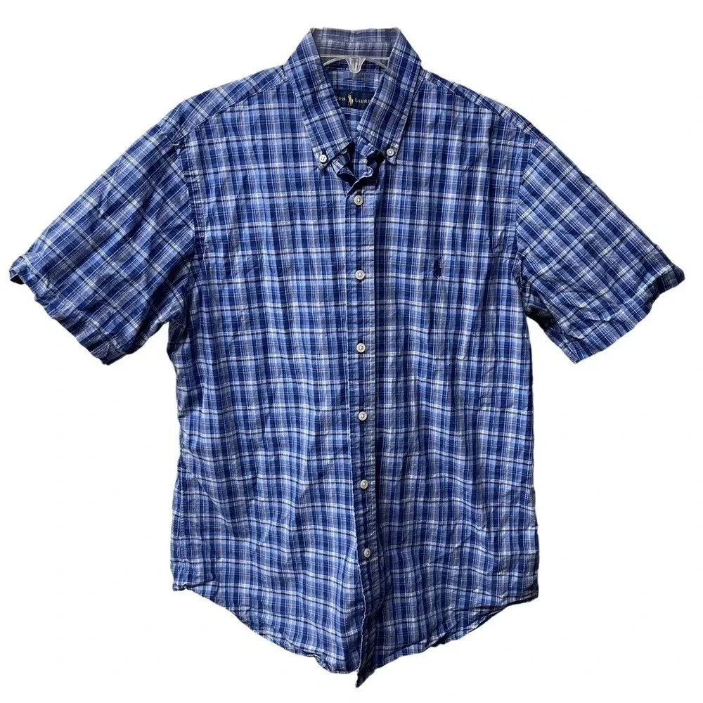 Men’s Ralph Lauren short sleeved collared button down. Blue plaid, size Medium.